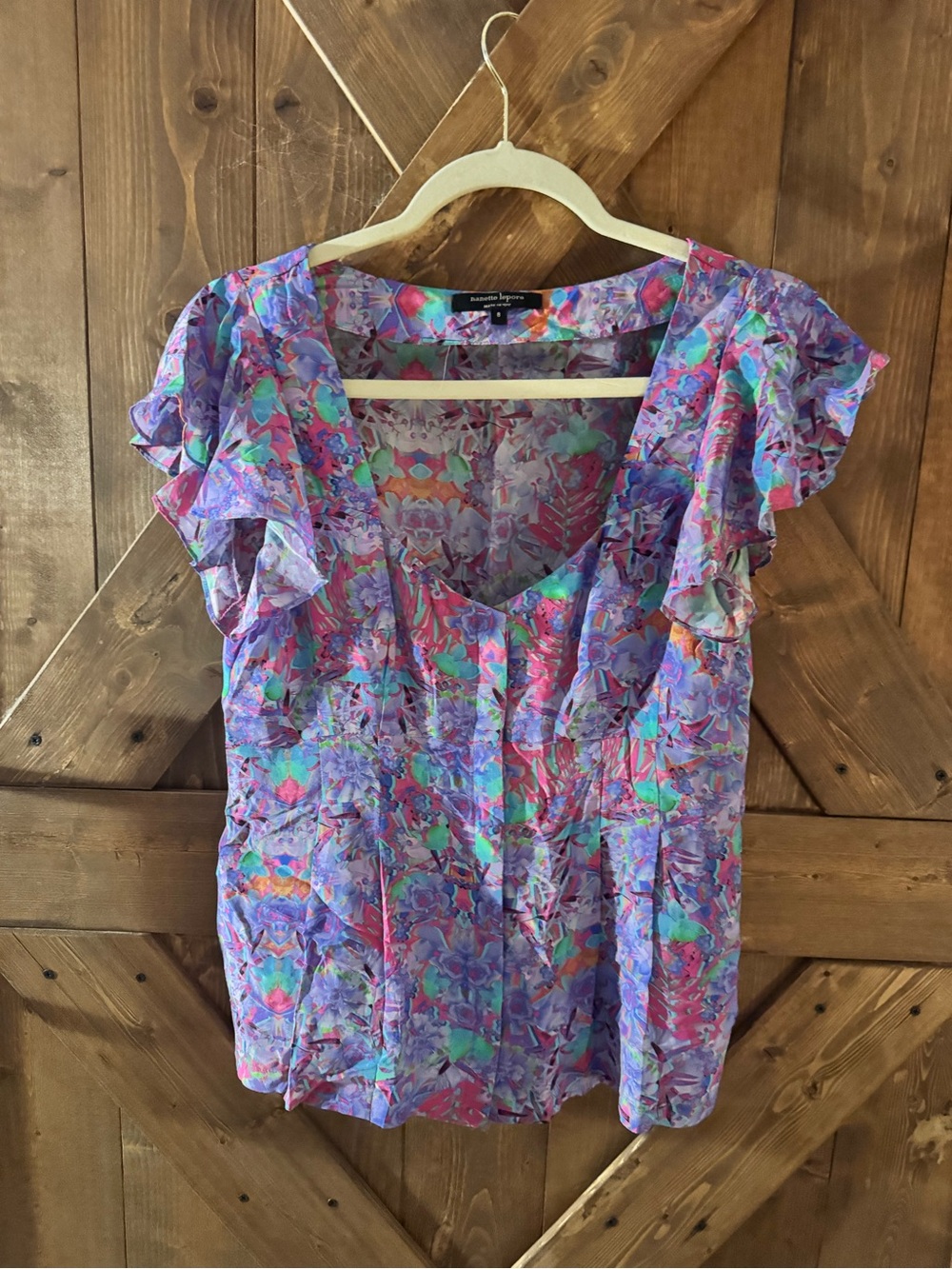 Nanette Lepore Purple 100% SILK Multicolor Floral Ruffled Sleeve Blouse